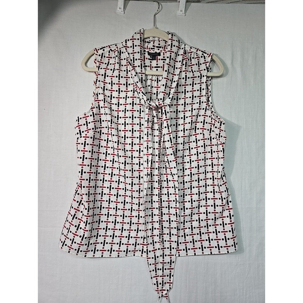 Talbots Sleeveless Blouse Women's 12 Tie Neck Geo Pattern Red Black Button Up